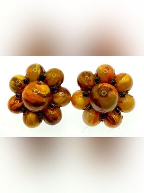 Vintage Hong Kong Marbled Lucite Cluster Clip Earrings Butterscotch Brown MCM
